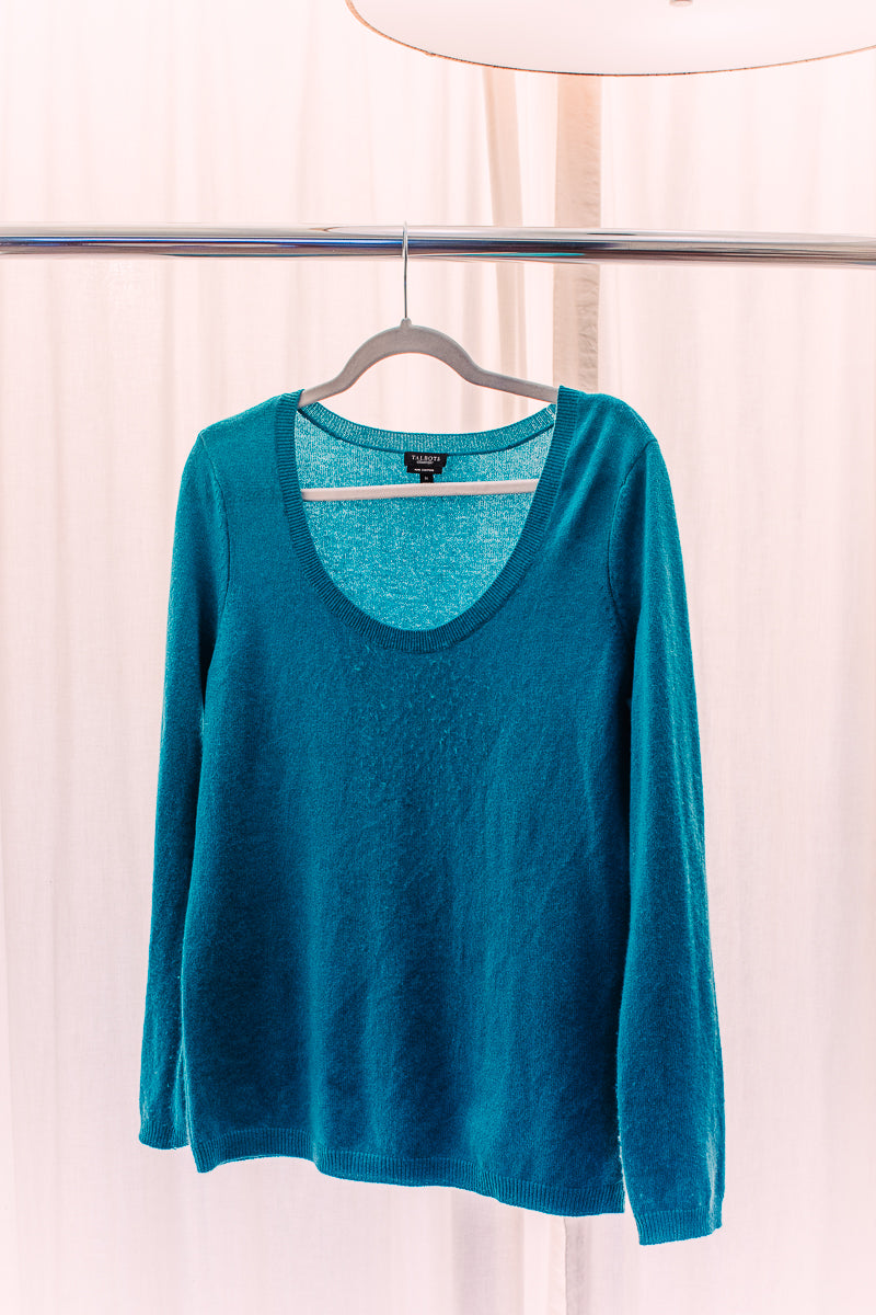 Talbots M blue green cashmere sweater scoop neck long sleeve