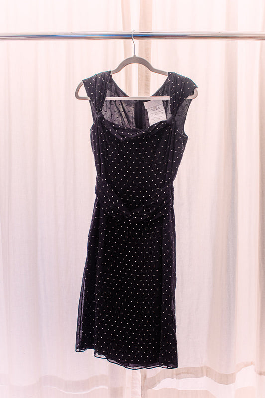 Badgley Mischka Silk Dress Black & Gold Polka Dot Print Sleeveless with Square Neckline