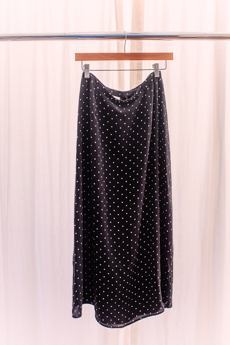 Talbots Black Polkadot Midi Skirt 8 100% Silk