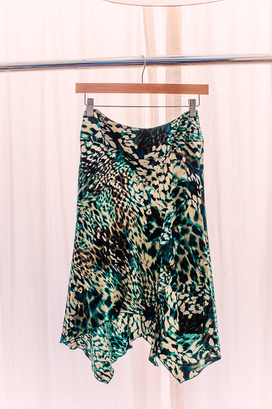 Marciano print silk skirt with ruffle detail