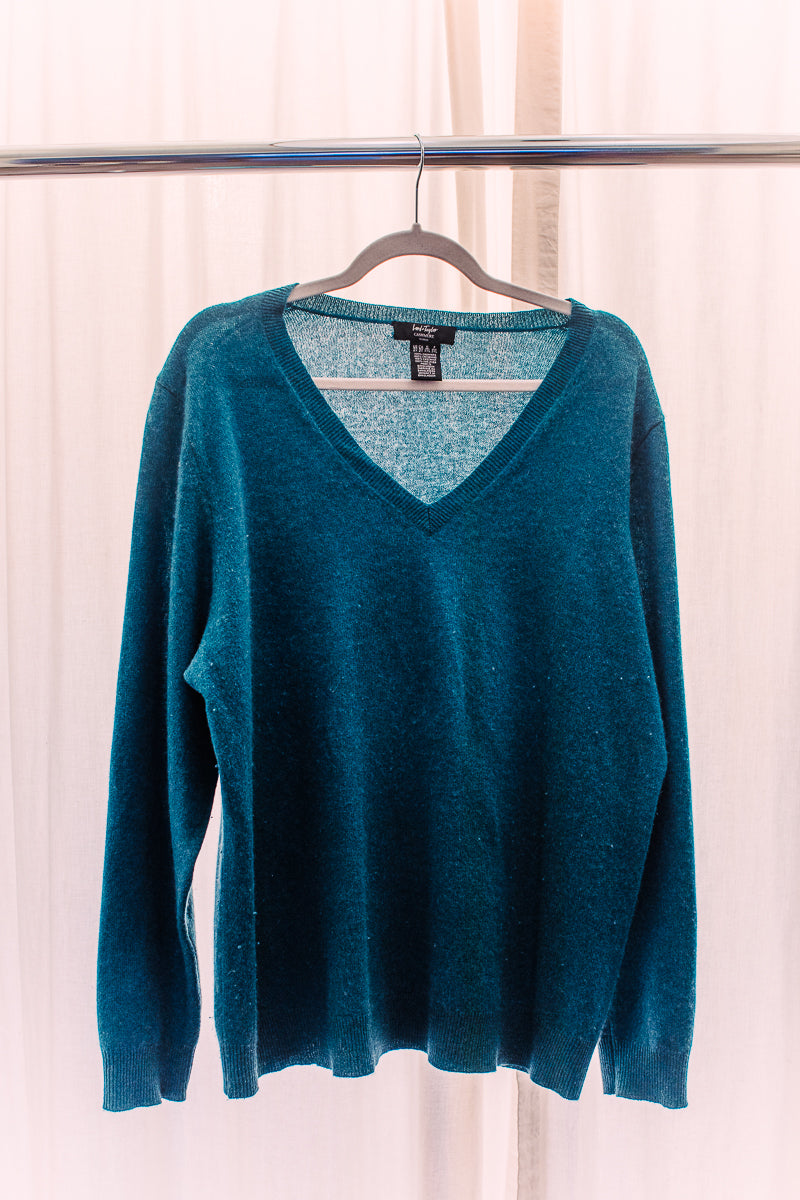 Lord & Taylor blue green cashmere sweater v-neck long sleeve 2xl