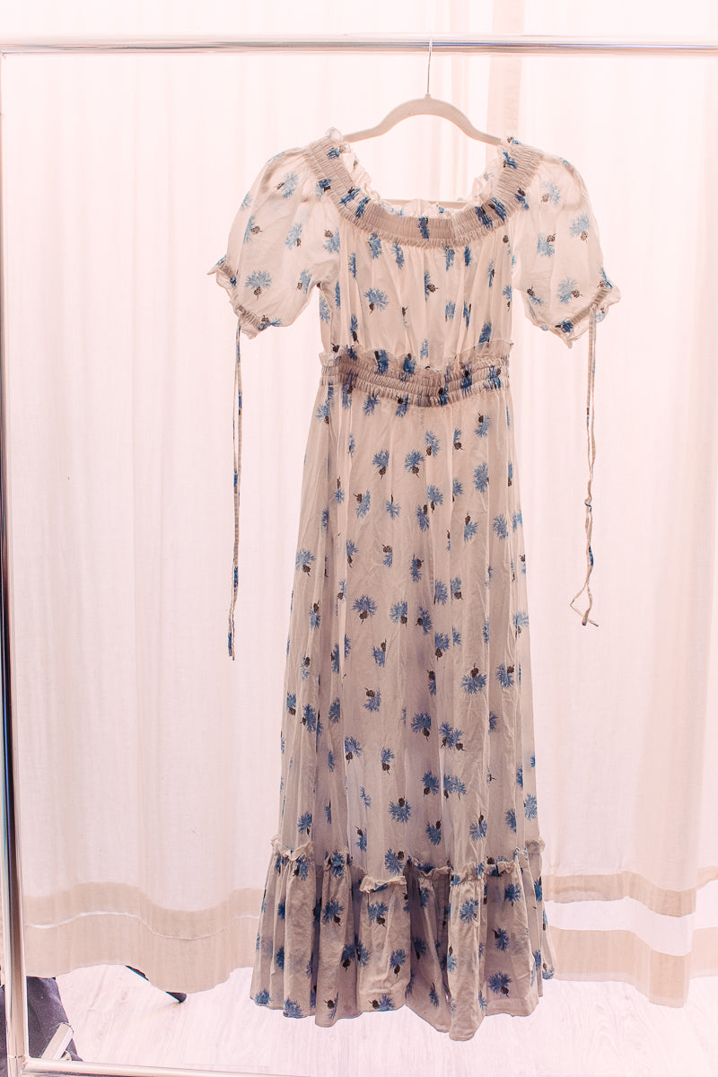 Blue and White pattern Long floral dress Small Puff Sleeve Cotton