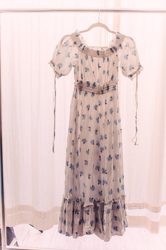 Blue and White pattern Long floral dress Small Puff Sleeve Cotton