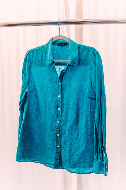 Willi Smith Linen Cotton Turquoise Button Up Large