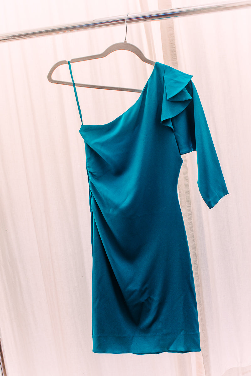 Dianne Von Furstenberg XS Turquoise One Shouldered Dress 2 Silk