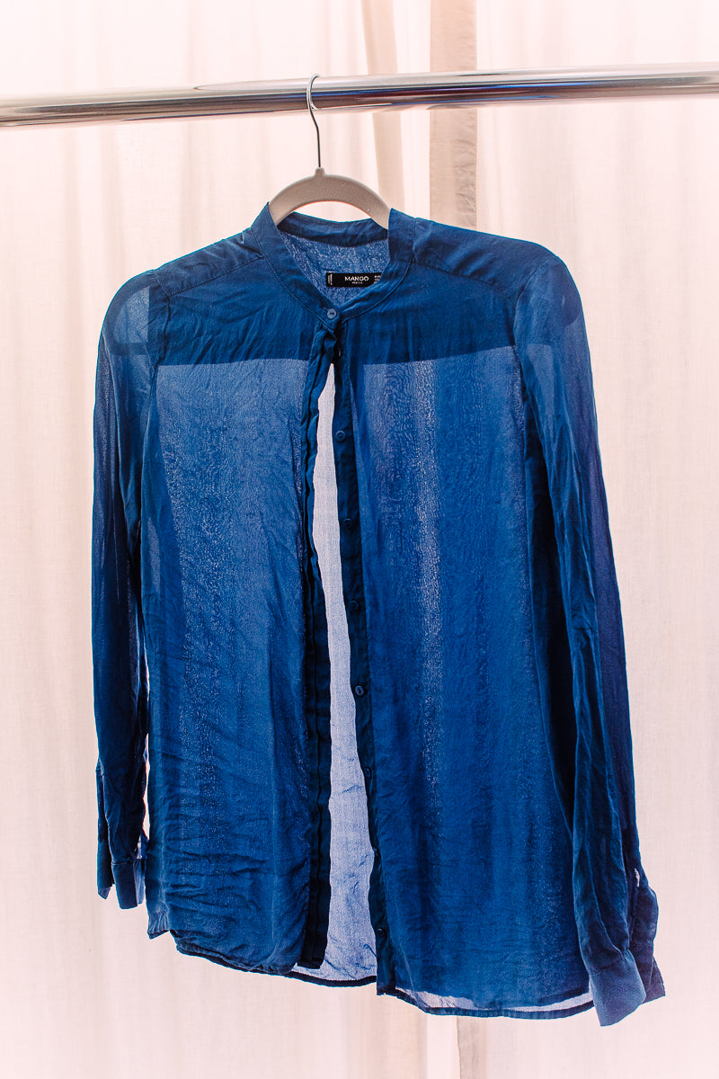 Mango Small Blue Collarless Button-up Silk Shirt