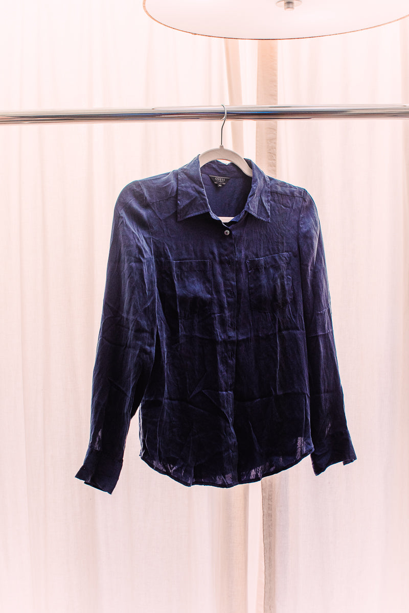 Guess XS Blue Silk Button Up with Long Sleeve